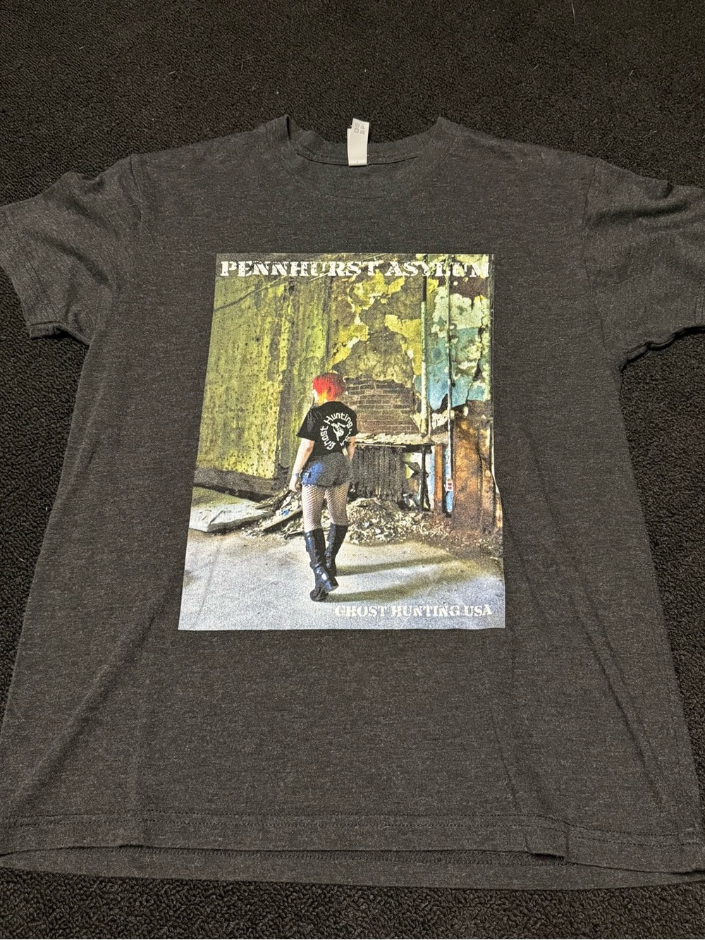 Ghost Hunting USA Merch Charcoal Gray Graphic Tee with Multicolor Print